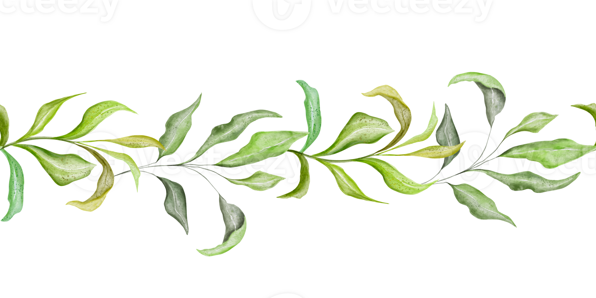 Bright green floral seamless border with twig and leaves. Hand-drawn watercolor bordure with template - banner with botanical arrangement Perfect for seasonal decor, greenery themes, wedding, png