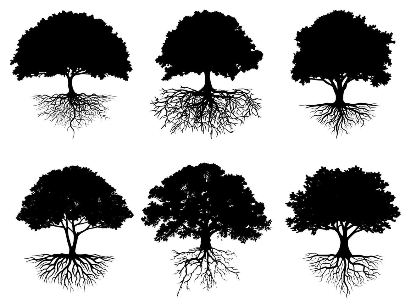 collection isolated tree and roots symbol or logo icon silhouette style. vector