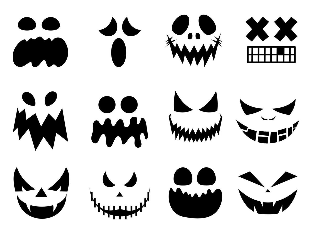 Collection of Halloween pumpkins carved faces silhouettes icons set. vector