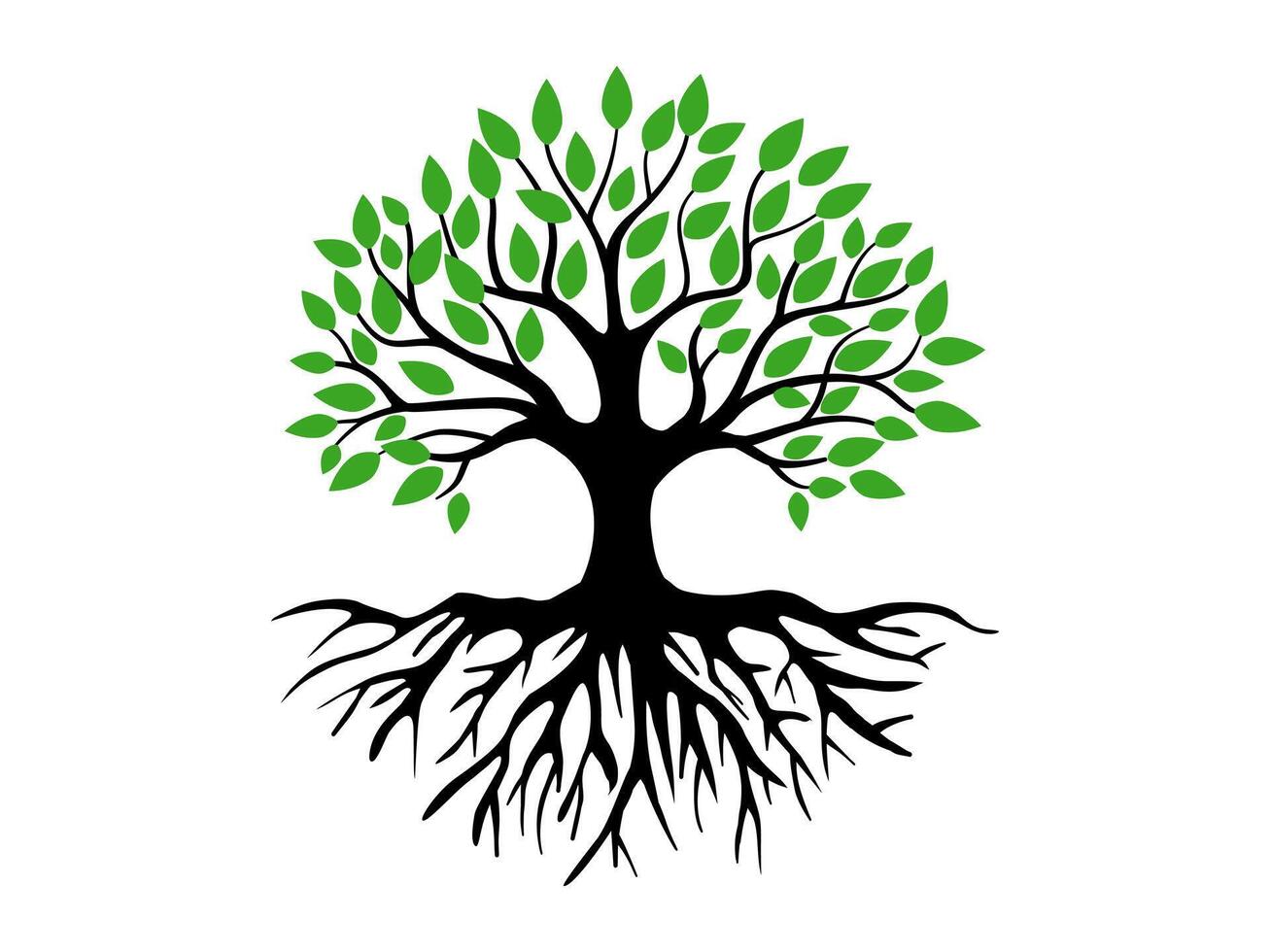 Trees and root with green leaves look beautiful and refreshing. Tree and roots symbol and logo style. vector