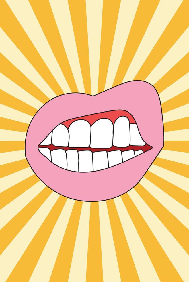 Illustration mouth lip retro with sunburst vector