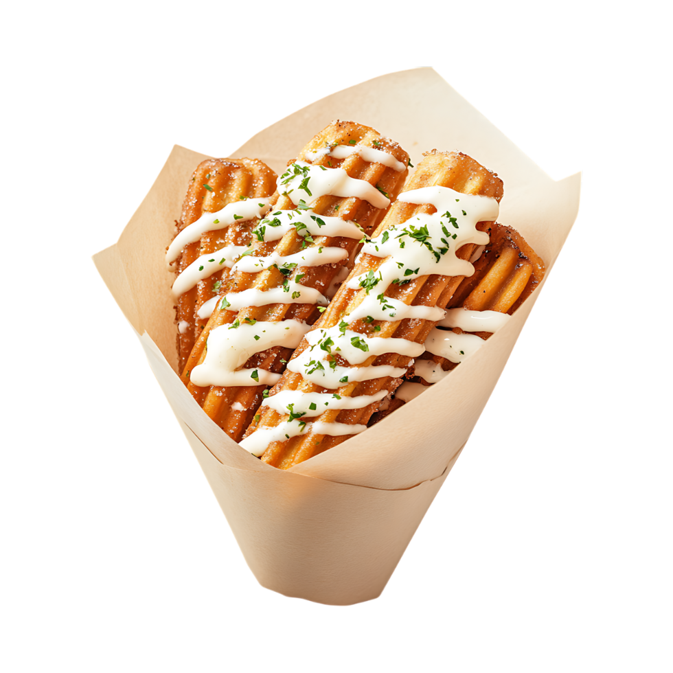 Waffle Fries with Creamy Sauce and Parsley in a Paper Cone Against Transparent Background png
