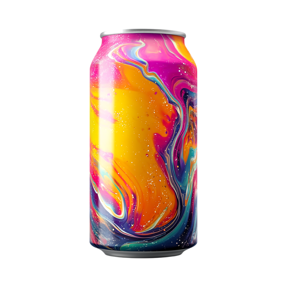 a can of beer with colorful swirls on transparent background png