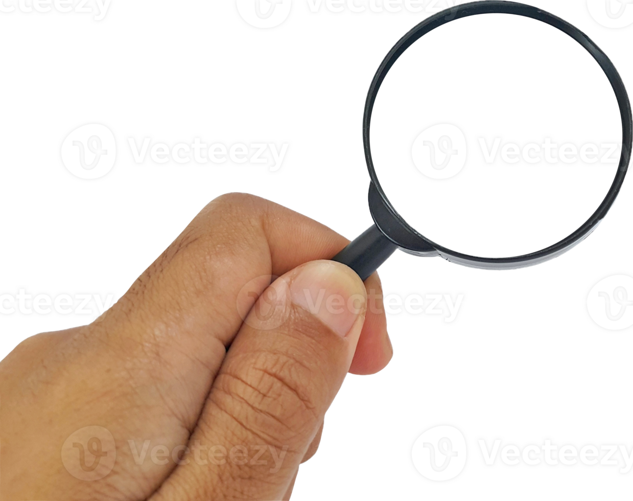 Man's hand holding a magnifying glass png