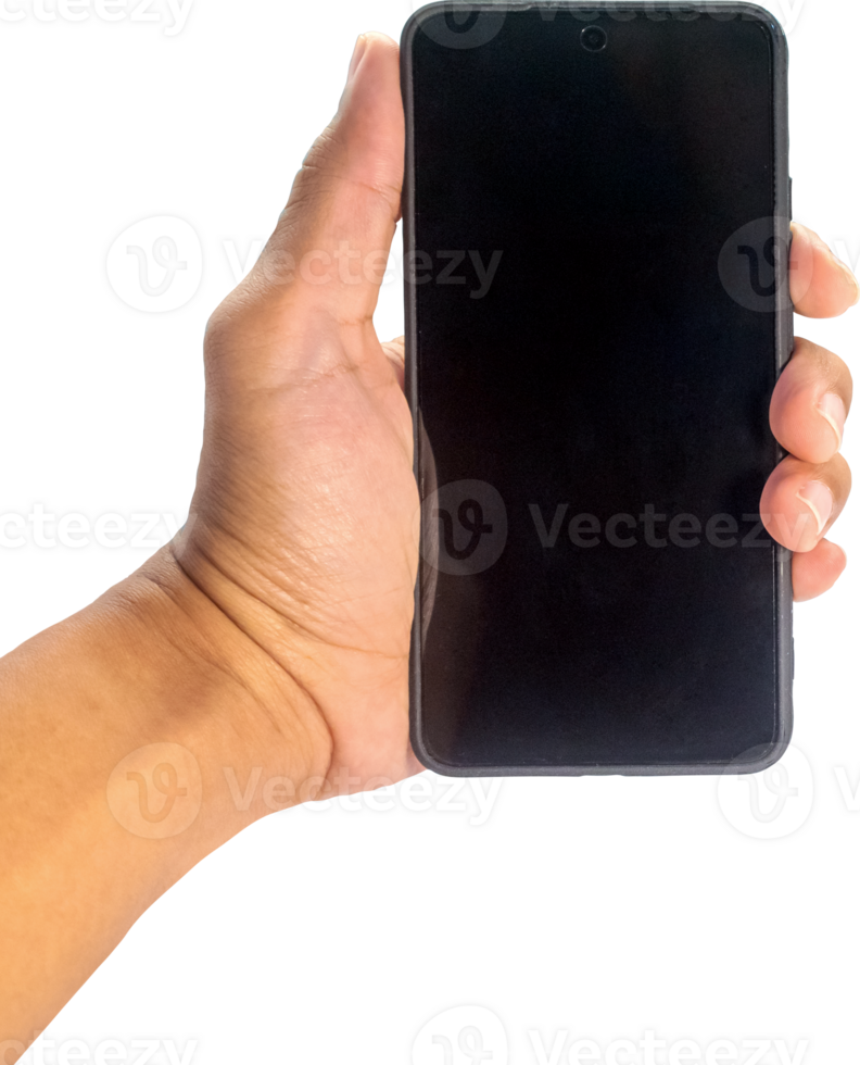 Man's hand holding a mobile phone with blank screen png