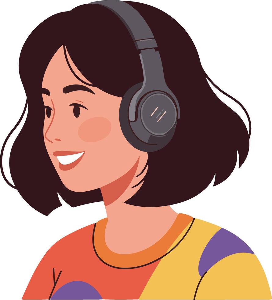Woman wearing headphones listening to music and smiling Illustration vector