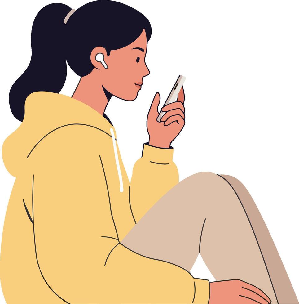 Young woman in a yellow hoodie listening to music on her phone vector