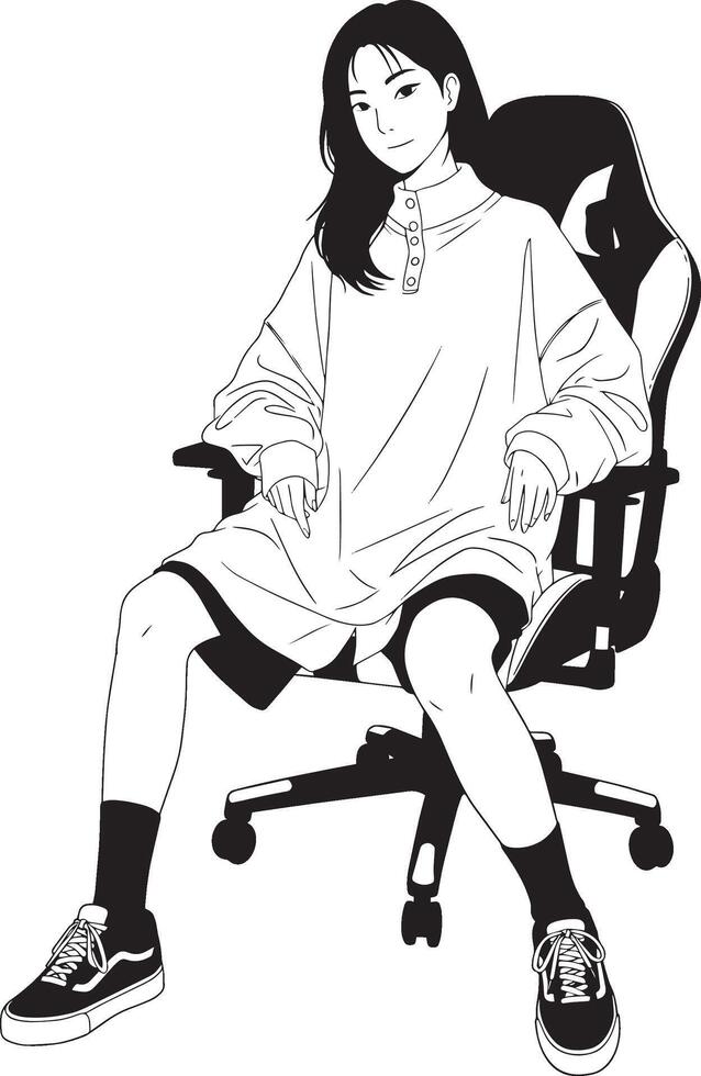 Girl sitting in a gaming chair, line art illustration vector
