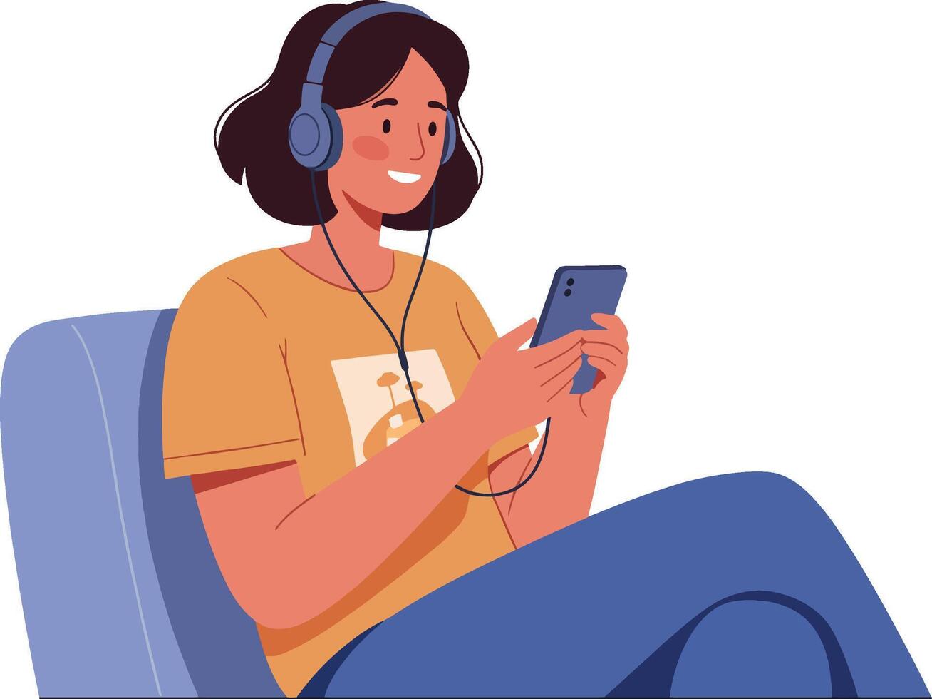 A young woman listening to music on her smartphone vector