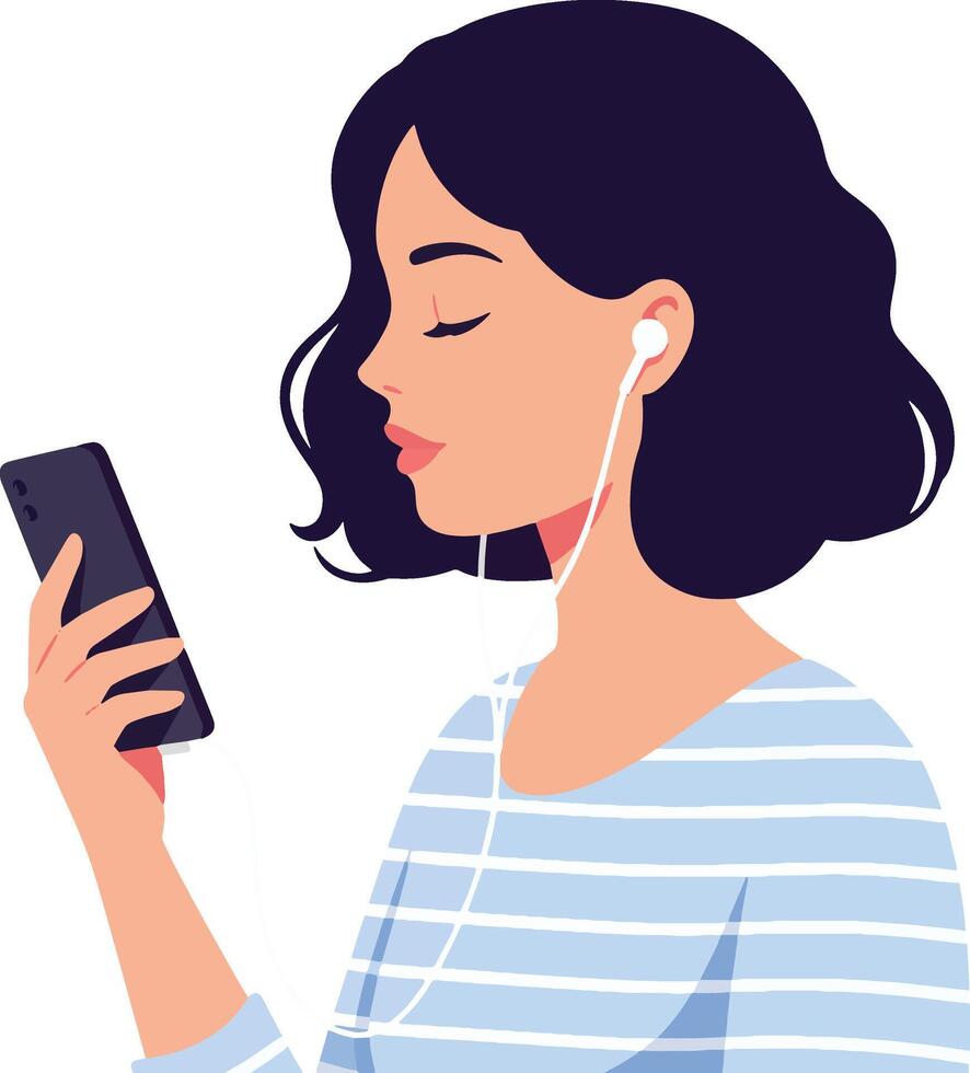 Woman listening to music on her smartphone with earphones vector