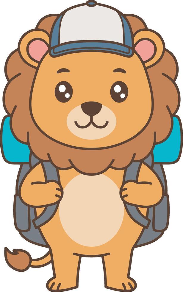 Cute Lion Explorer with Backpack and Cap Illustration vector