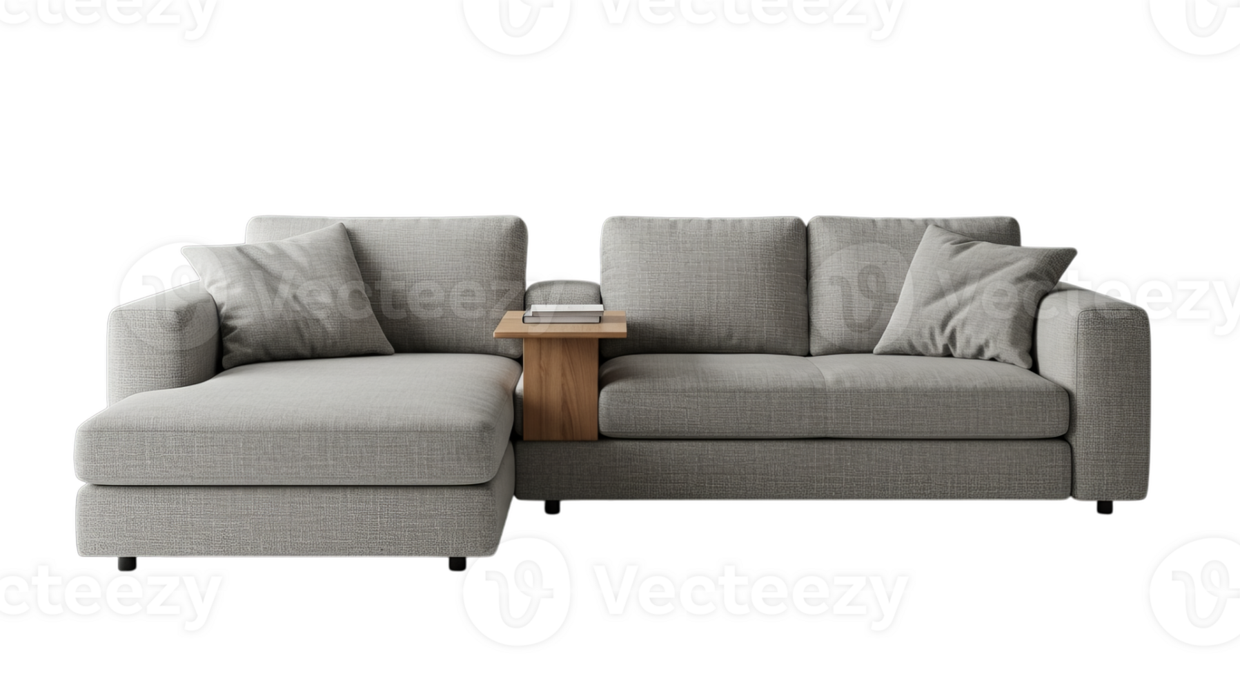 Comfortable Gray Sofa with Wooden Side Table and Throw Pillows png