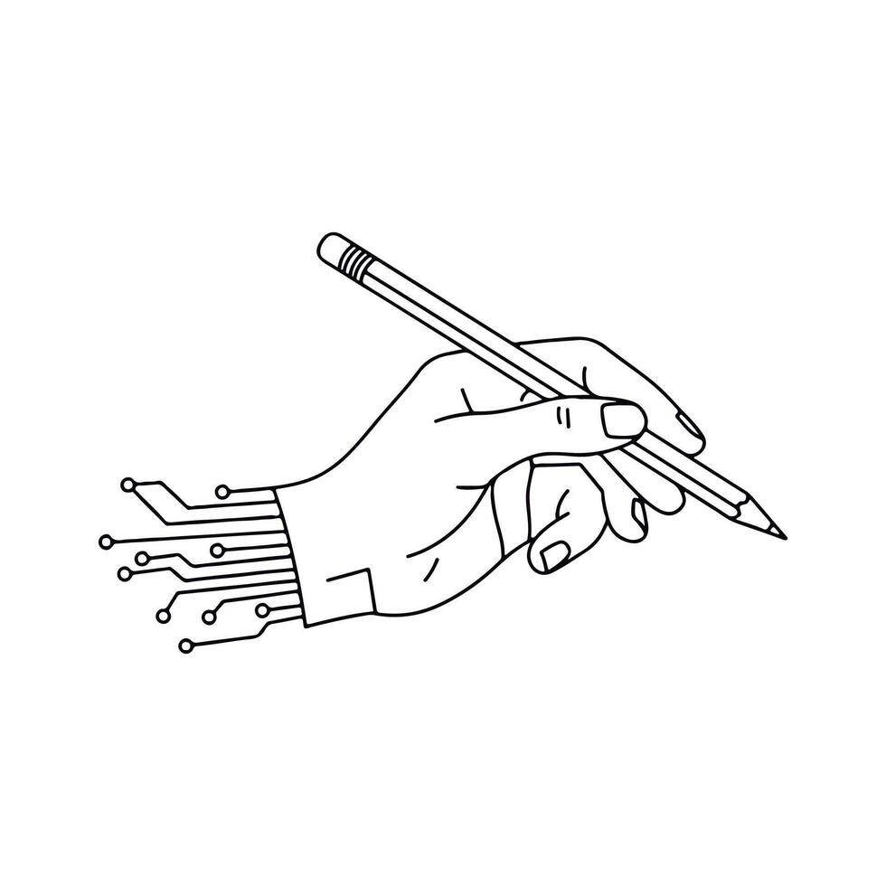 Hand with Digital Circuitry Holding Pencil. vector