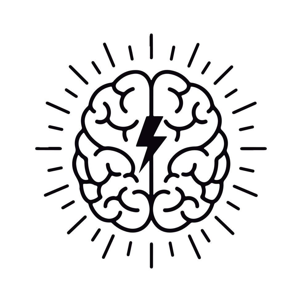 Brain with Lightning Bolt Graphic. Brainstorming Idea Flash. vector