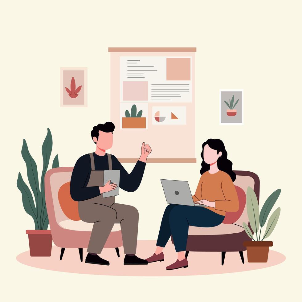 A young man and woman are discusing about creative work at work space vector