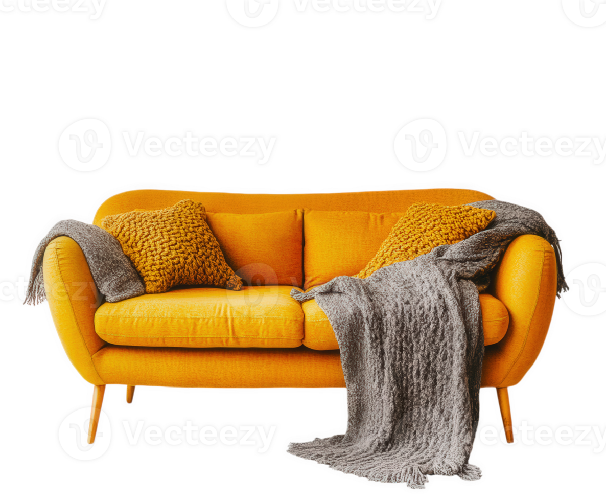A beautifully styled yellow sofa with gray throw and decorative pillows, ready for relaxation. png