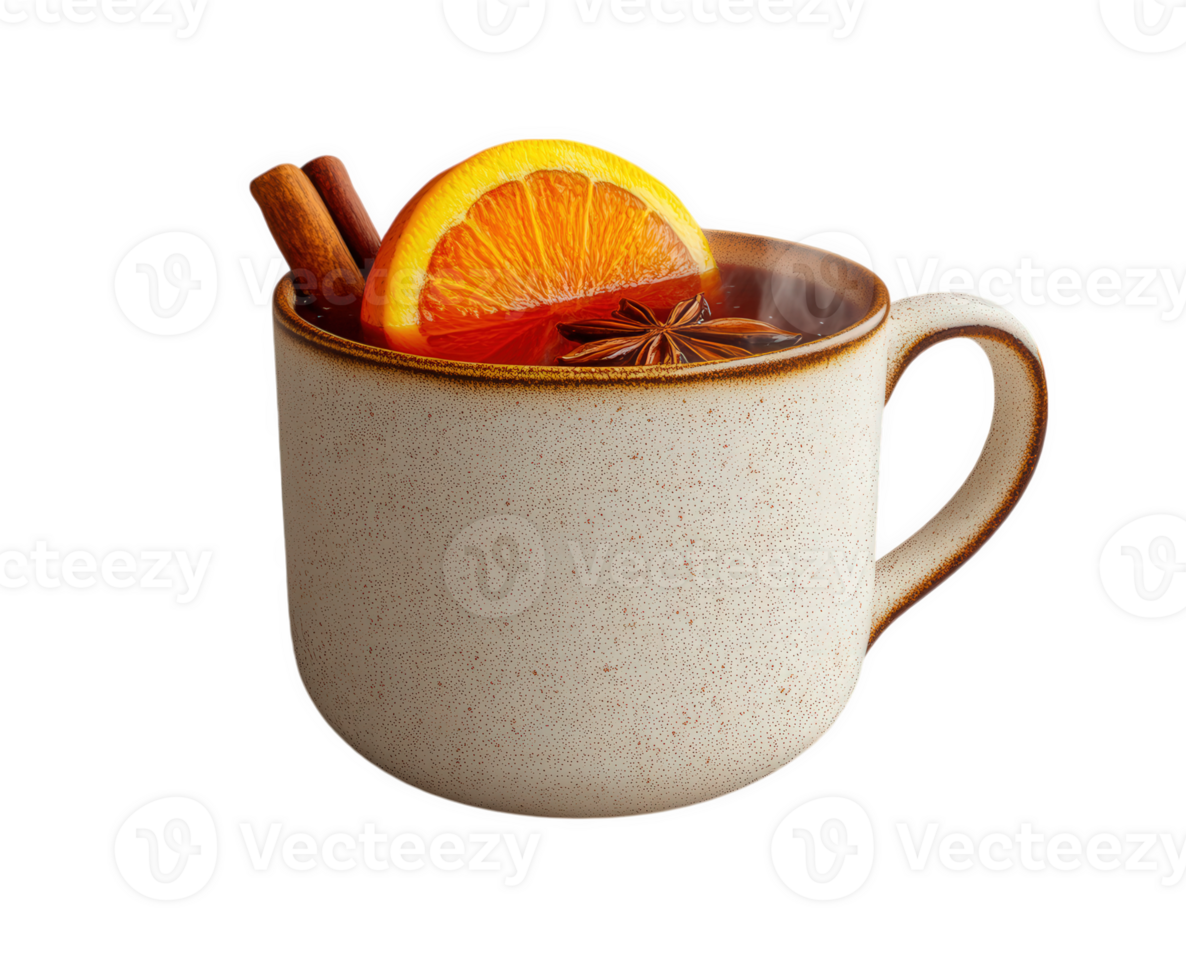 A close-up of a cozy mug of mulled wine, garnished with cinnamon sticks and orange. png