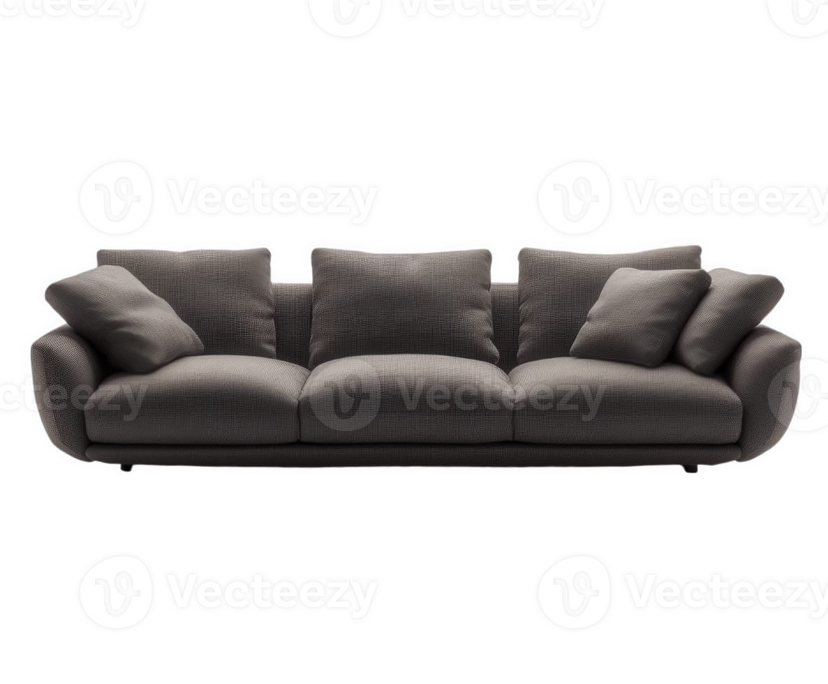 A stylish gray sofa with soft cushions, perfect for relaxing in a modern living room space. png