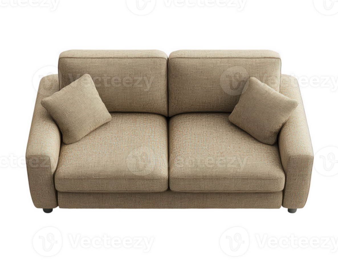 An overhead view of a stylish beige sofa with two square pillows, perfect for modern interiors. png