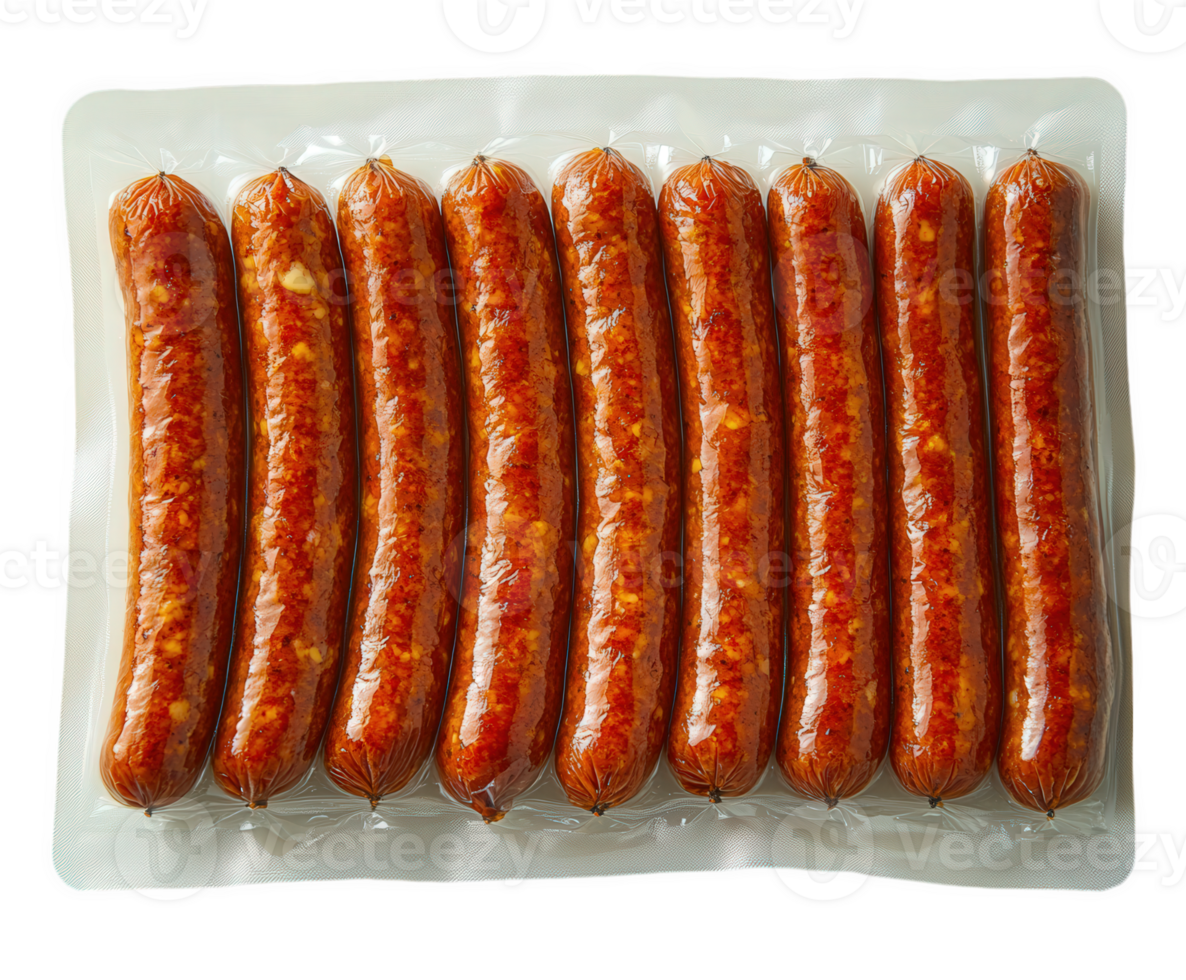 Overhead view of a pack of sausages ready to be grilled or cooked for a delicious meal. png