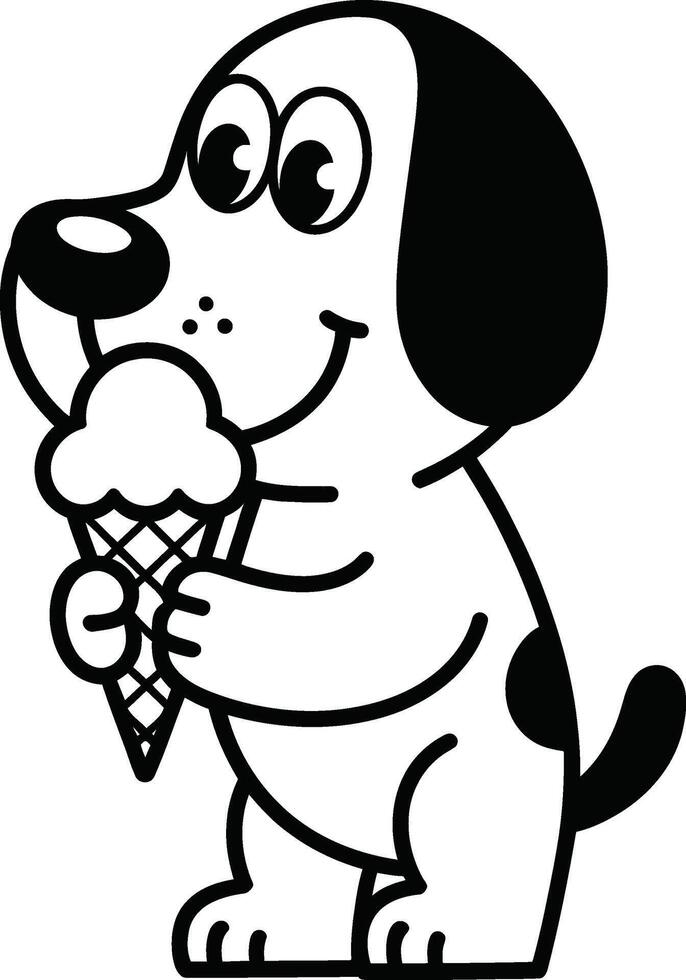 Cute cartoon dog enjoying a delicious ice cream cone illustration in black and white vector