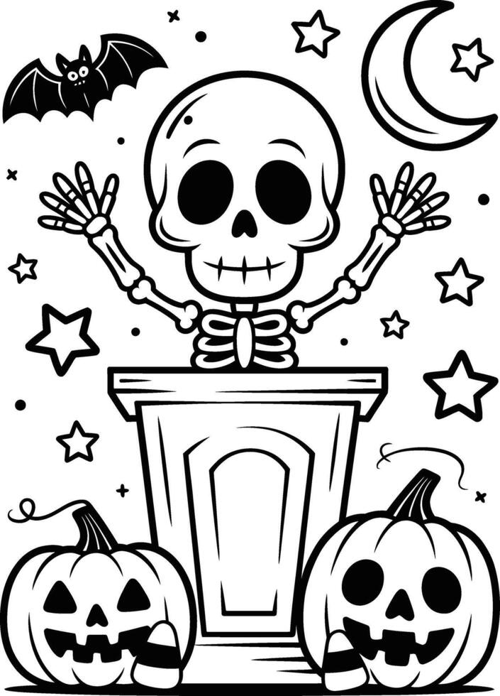 Black and white halloween illustration featuring a cheerful skeleton pumpkins and bat vector