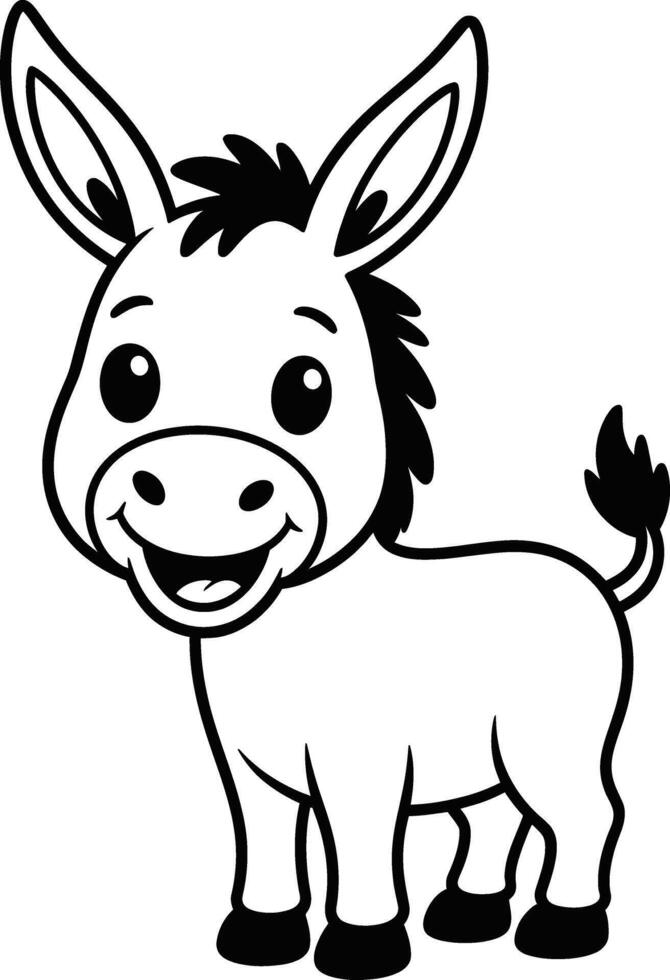 Cute smiling donkey cartoon in black and white outline for children's books and illustrations. vector