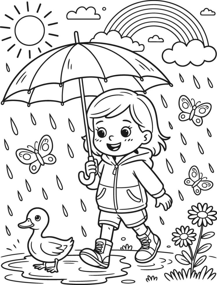 Happy child walking in the rain under an umbrella with a duck butterflies and rainbow vector