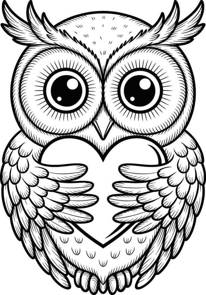 Adorable black and white owl holding a heart symbolizing love and affection vector