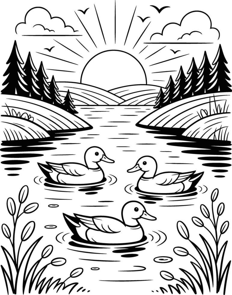 Tranquil black and white illustration of ducks swimming on a lake at sunrise with trees vector