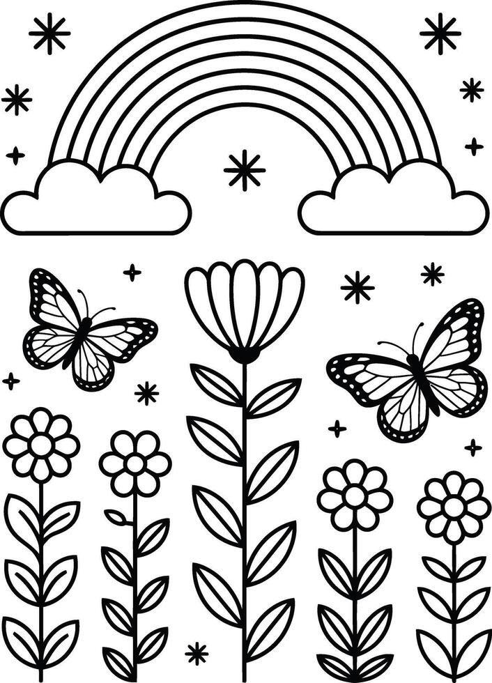 Black and white illustration featuring rainbow clouds flowers butterflies and stars design vector