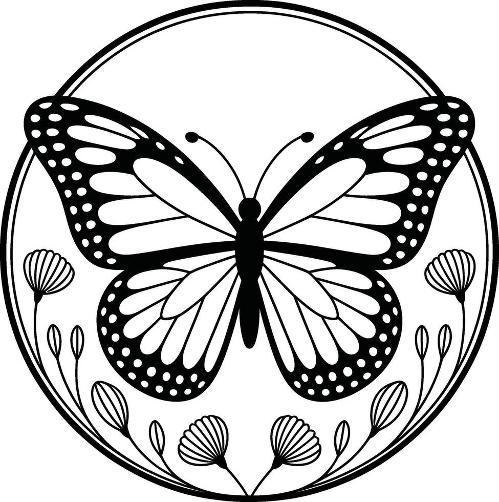 Elegant monarch butterfly illustration in a circular frame with floral elements for decoration vector