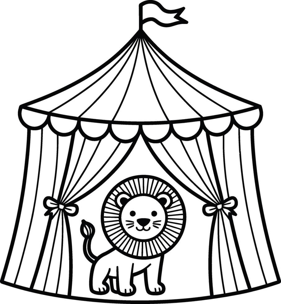 Adorable cartoon lion stands proudly inside a circus tent simple black and white illustration vector