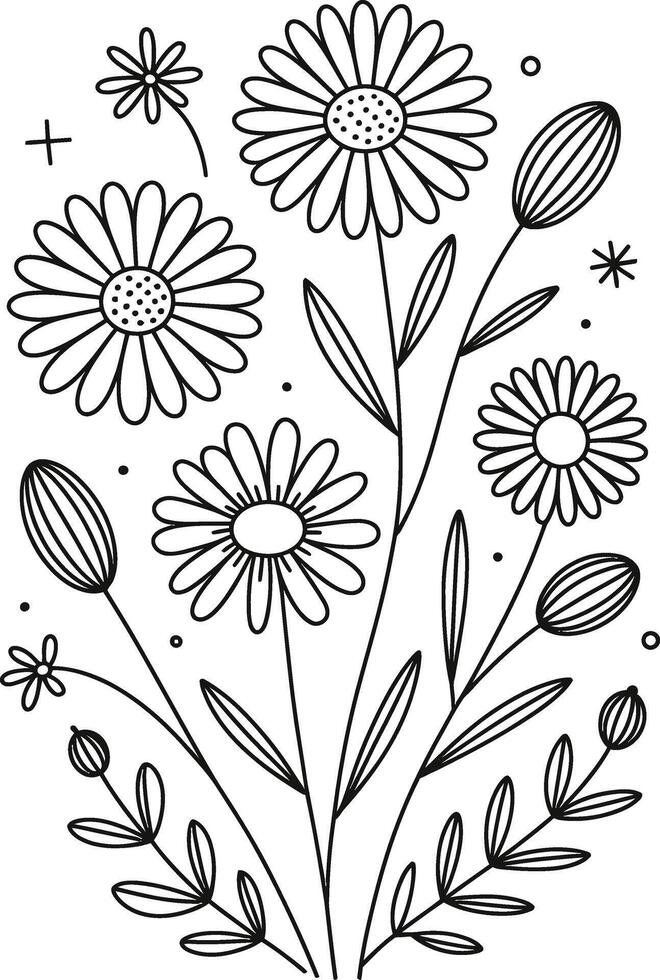 Delicate black and white floral illustration of a beautiful bouquet of hand drawn daisies vector