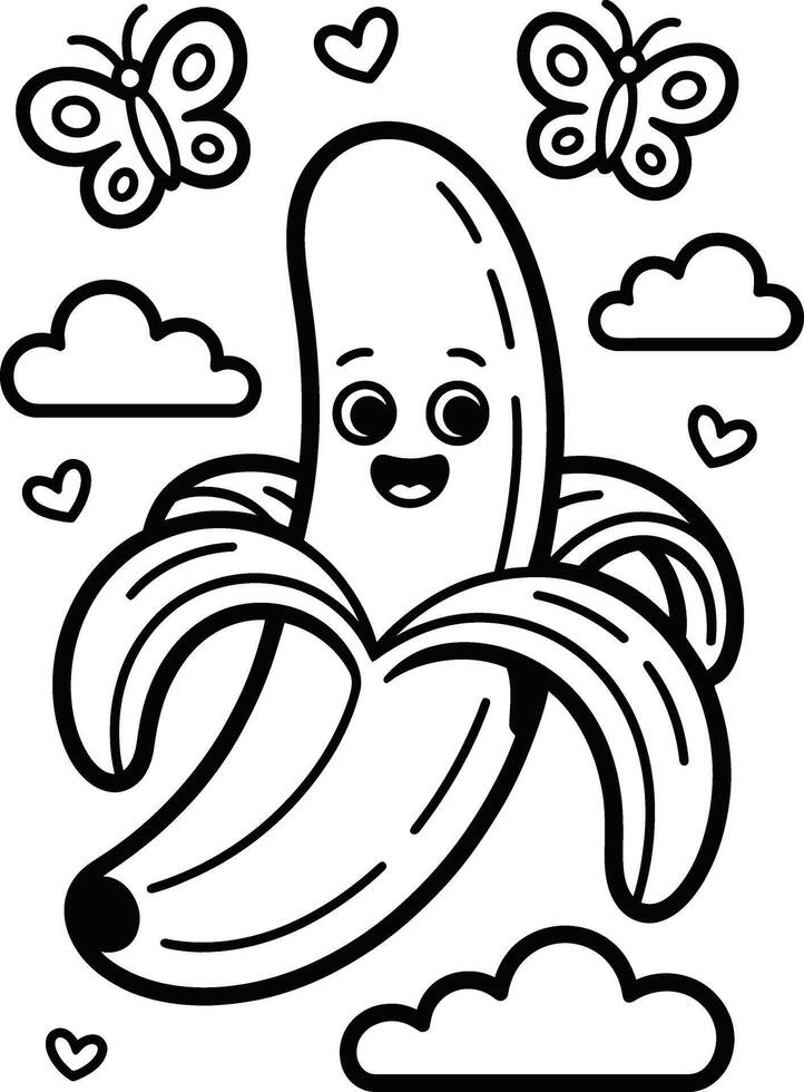 Adorable cartoon banana with butterflies clouds and hearts in a whimsical black and white illustration vector