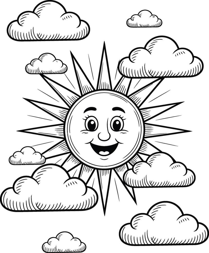 Cheerful smiling sun and fluffy clouds illustration in black and white design vector