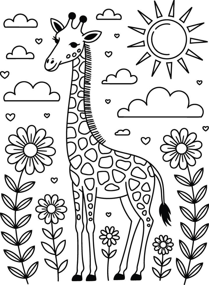 Playful and charming black and white illustration of a giraffe with nature elements for coloring. vector