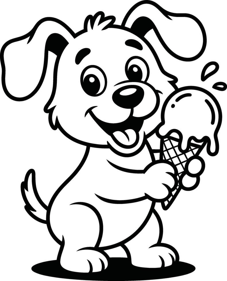 Cheerful cartoon puppy enjoying a melting ice cream cone in a simple black and white illustration vector