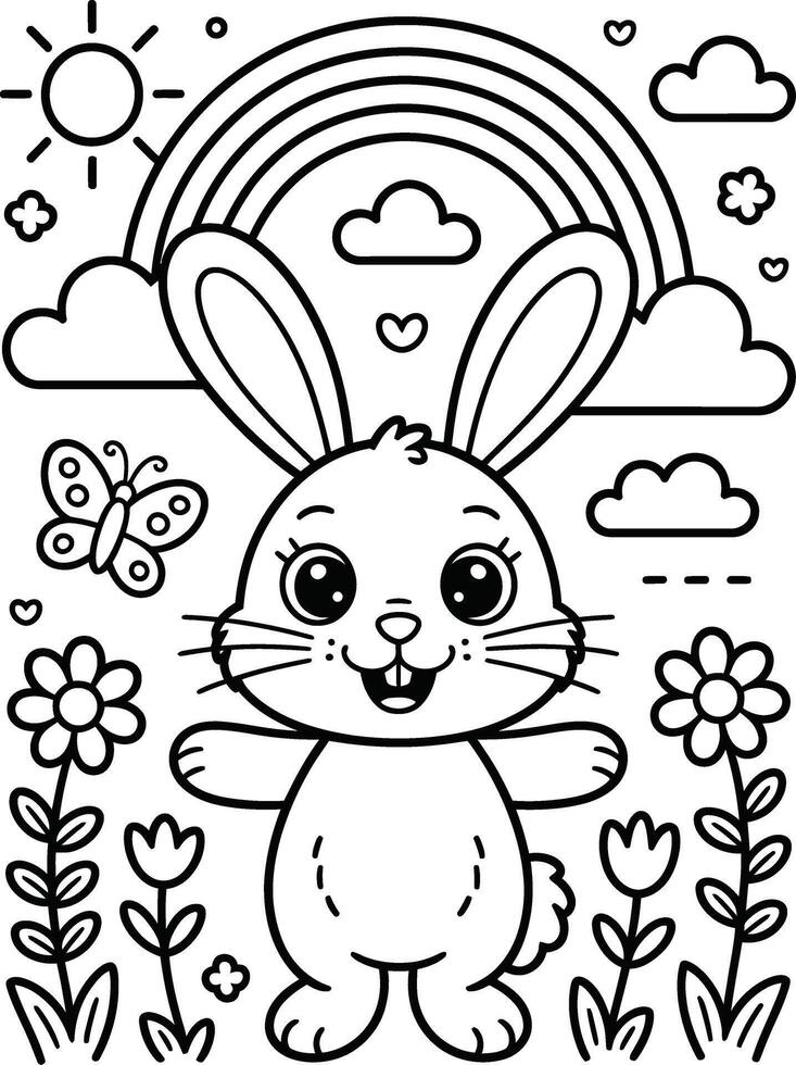 Cute easter bunny coloring page illustration with rainbow clouds flowers and butterfly vector