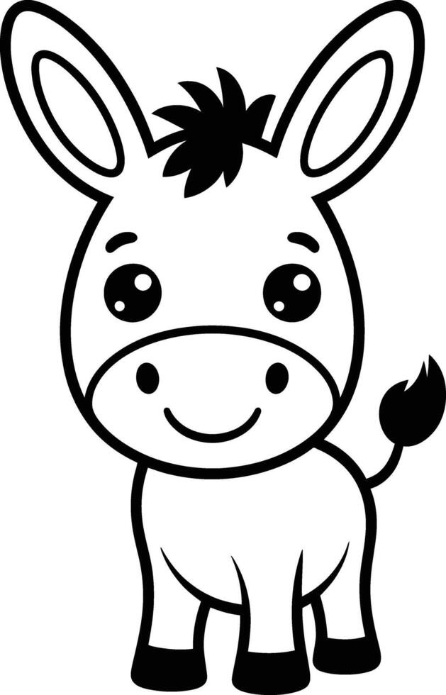 Adorable cartoon donkey illustration in simple black and white style for children's design vector