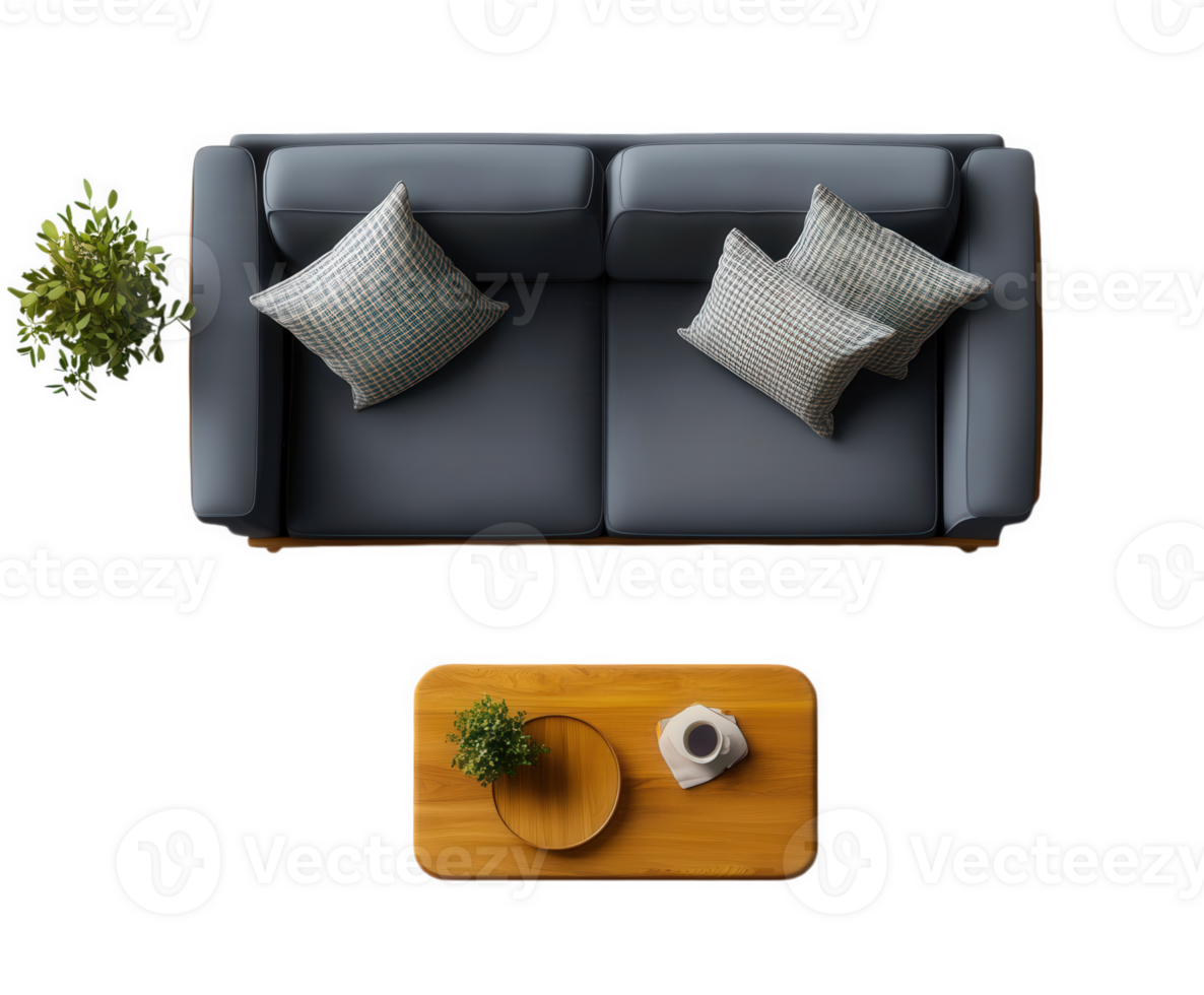 A modern living room, captured from above, showcases a stylish blue sofa and coffee table. png