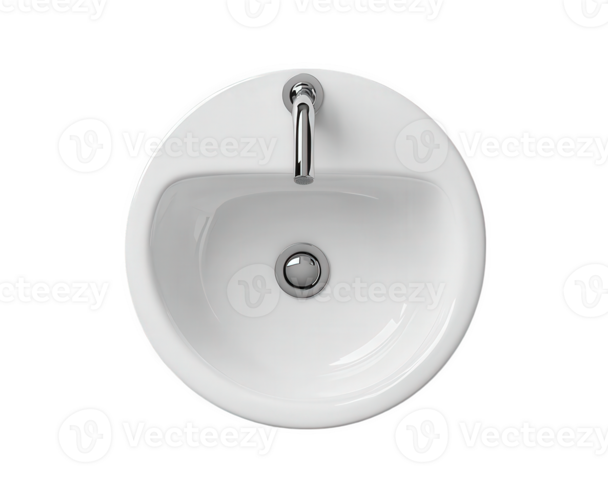 Overhead view of a spotless white sink with a chrome faucet in a modern bathroom. png