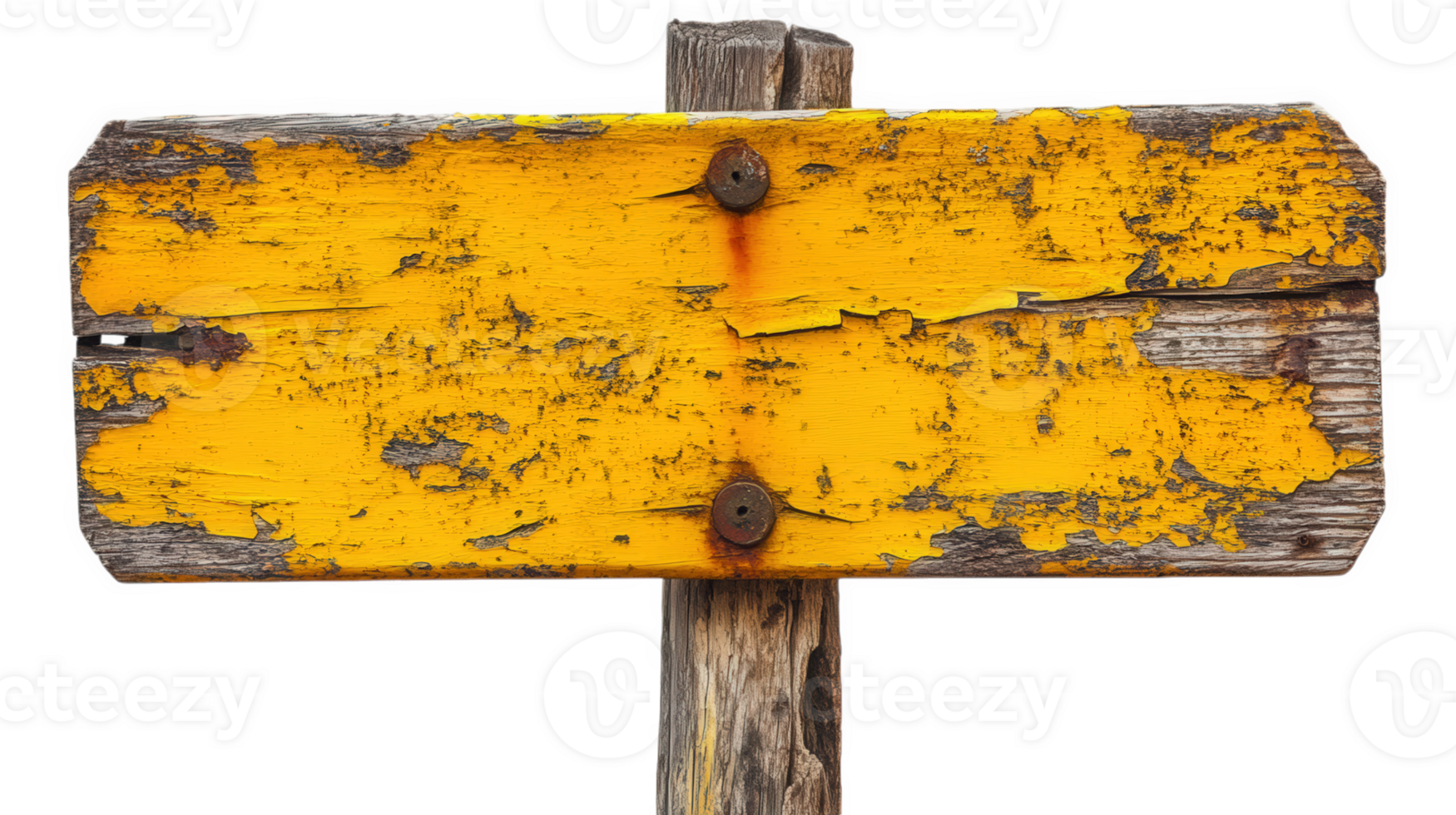 Close up of a weathered, yellow painted wooden sign on a rustic post, showing texture and age. png
