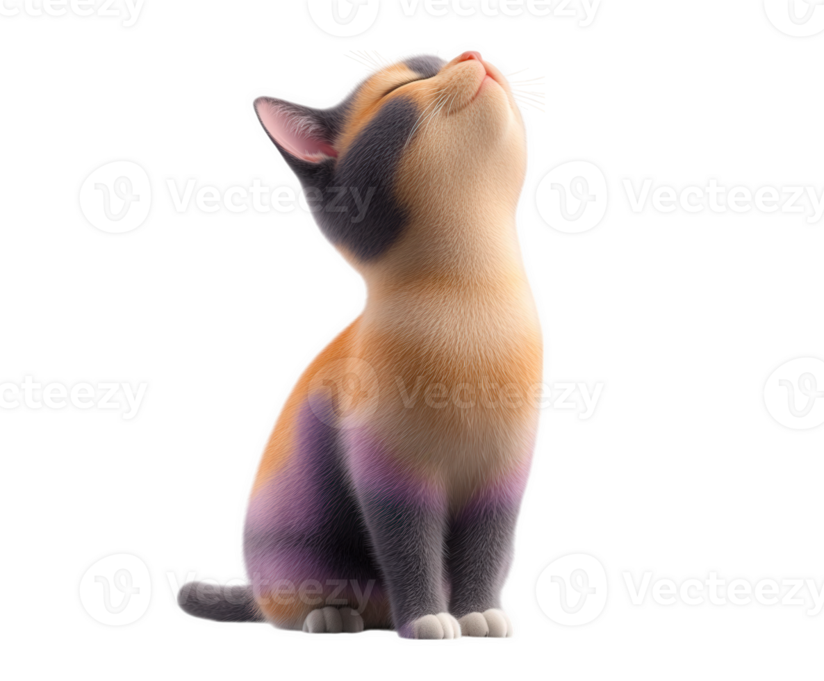 A delightful calico cat sits in a relaxed pose, looking up with closed eyes and a peaceful expression. png