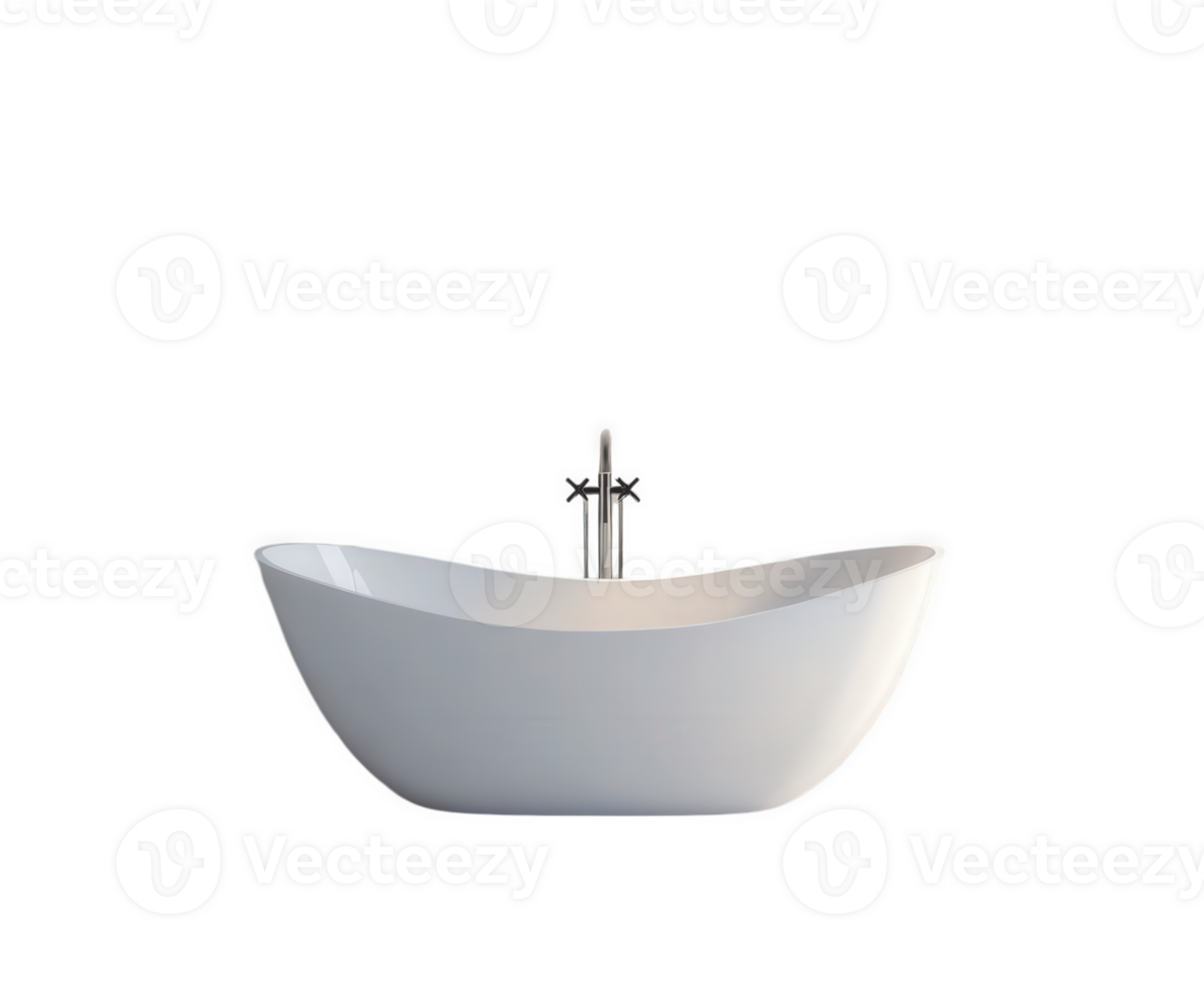 A sleek, pristine white bathtub with chrome fixtures, showcased in a minimalist design. png