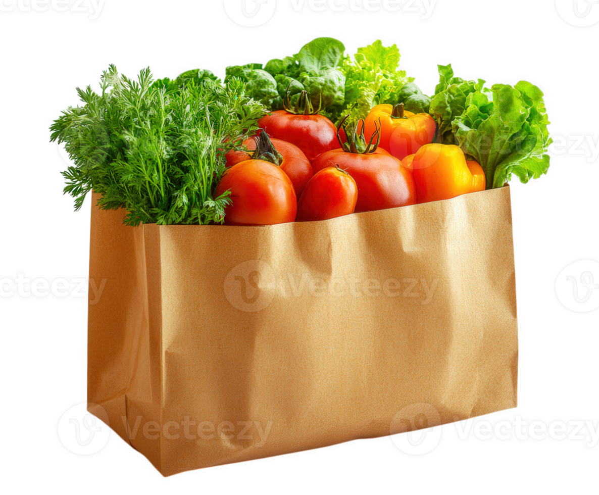 A paper bag is filled with fresh, colorful vegetables like tomatoes and peppers ready to use. png