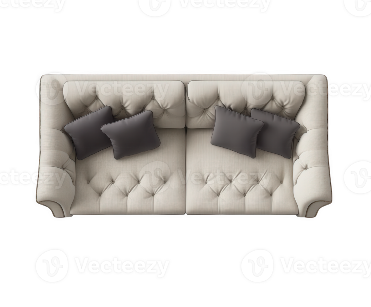 Luxurious cream sofa with gray pillows, shot from above, offering an elegant seating area. png