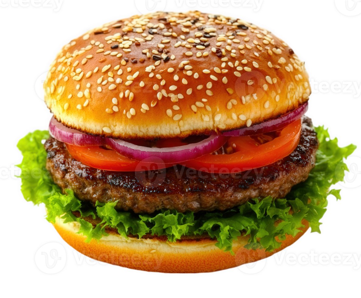 A close-up of a delicious burger, showing its fresh ingredients and appetizing presentation. png