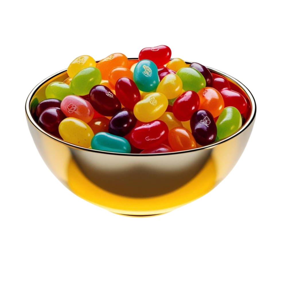 Shiny Golden Bowl Filled with Colorful Jellybeans png