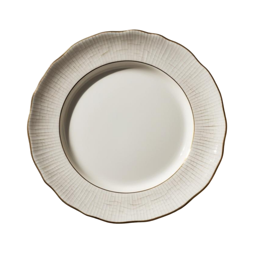 Elegant White Plate with Textured Surface and Gold Rim png